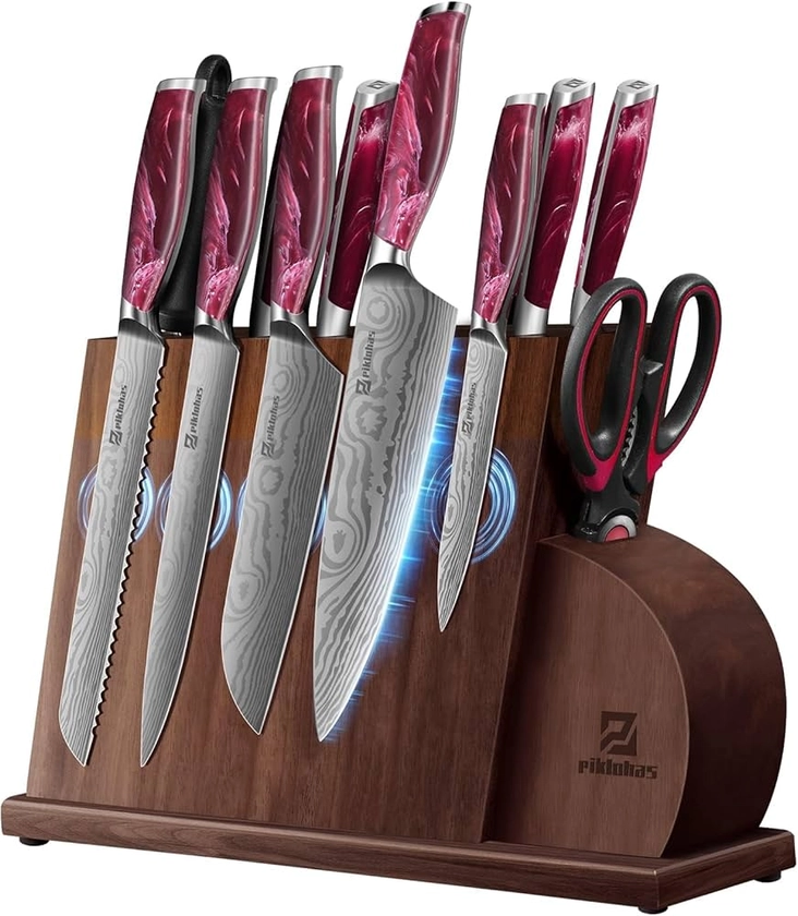 Amazon.com: Piklohas 14 Pieces Knife Set for Kitchen with Magnetic Holder, Ultra Sharp Durable German Stainless Steel Damascus Pattern, One-piece Ergonomic Handle, Elegant Red Flowing Cloud Design : Everything Else