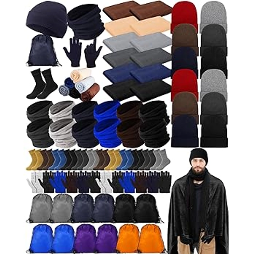 Suhine 72 Pieces Homeless Care Package Winter Gloves Socks Coral Fleece Blanket Hats Neck Scarfs Unisex Drawstring Bags, Assorted Colors, as pictures shown : Amazon.co.uk: Fashion