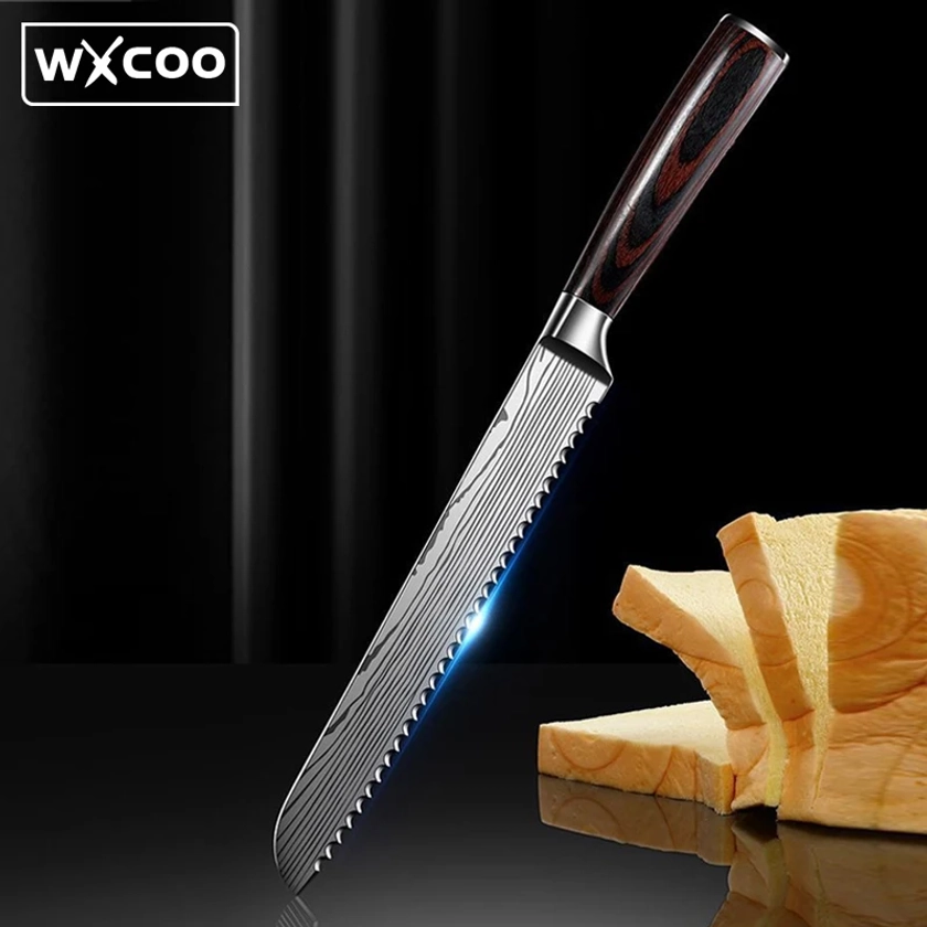 Kitchen 8 Inch Bread Knife Cheese Toast Knife Stainless Steel Damascus Pattern Knives Slicing Chef Cutter Wood Handle