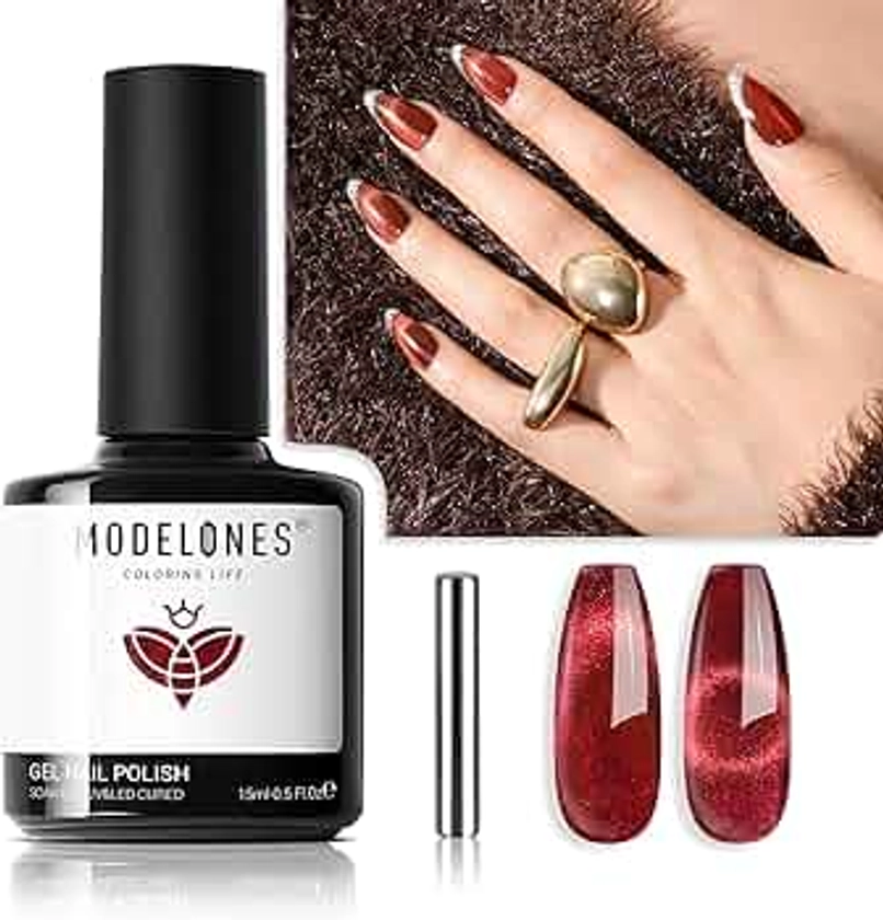 MODELONES Vernis Semi Permanent Rouge, 15 ML Vernis Gel UV Semi Permanent Cat Eyes Rouge, Vernis à Ongles Gel Pour Manucure Francaise, Durci Par LED, Nail Art