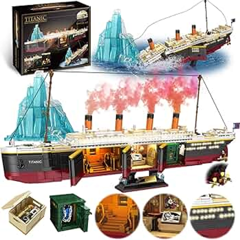 Titanic Building Set, 2288 Pcs Titanic Big Ship Model Block Set with Glacier and Glowing Light Strip, Giant Ship Building Model Set for Adults and Kids