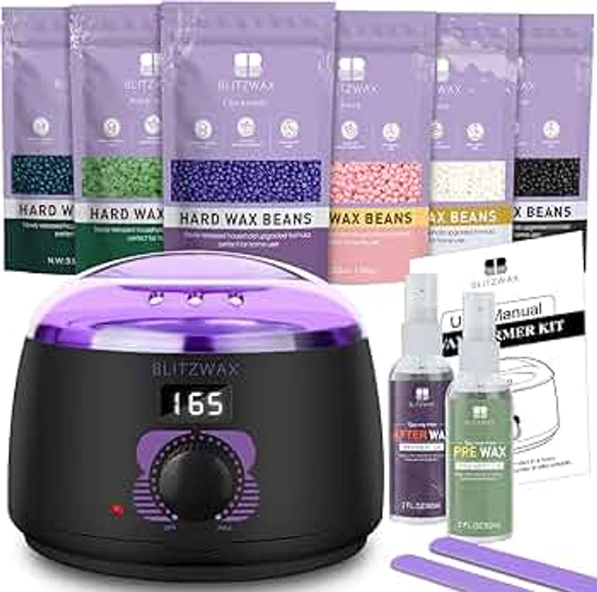 BLITZWAX Wax Hair Removal Kit for Women Men Waxing Warmer for Sensitive Skin, Brazilian, Facial, Body and Eyebrow Digital Wax Machine with 6 Wax Beads for Home/Salon/Beginners