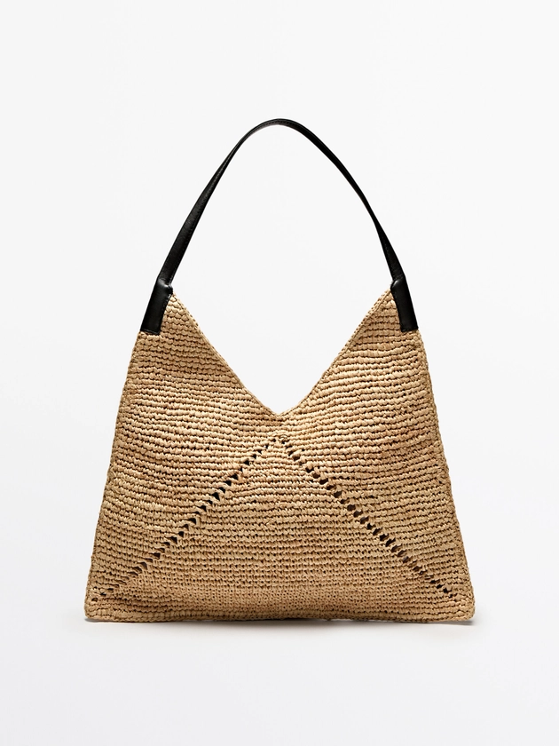 Raffia flat shopper bag with leather handle - Massimo Dutti United Kingdom