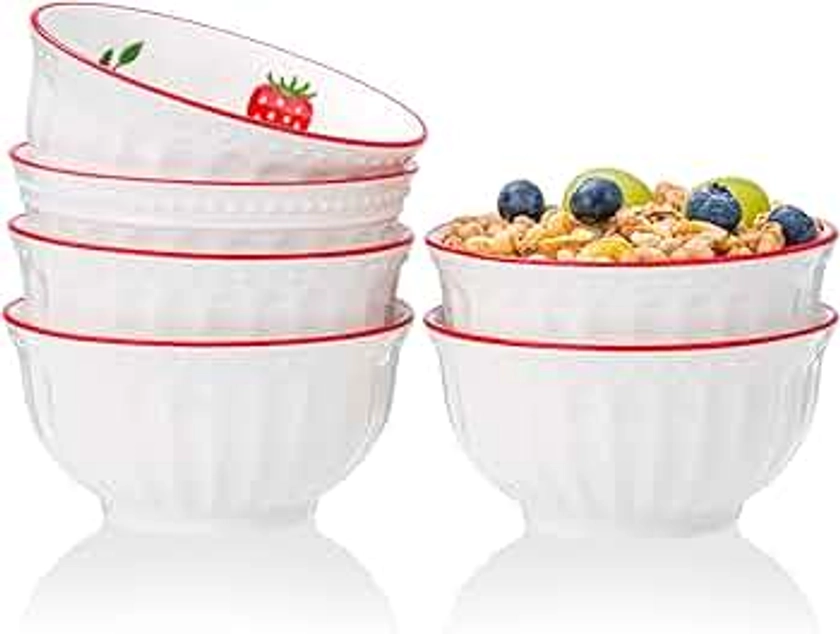Porcelain Bowls Set Strawberry 4.5 Inch Cereal Bowls Set of 6, Bowls for Dessert, Ice cream, Soup, Rice, Fruits, 10.5 OZ
