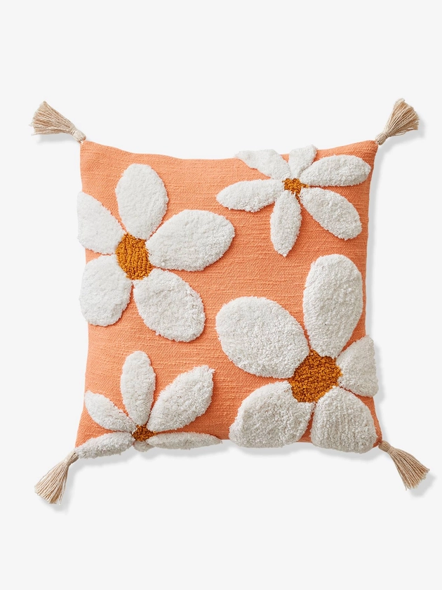 Coussin Marguerite à pompons - mandarine