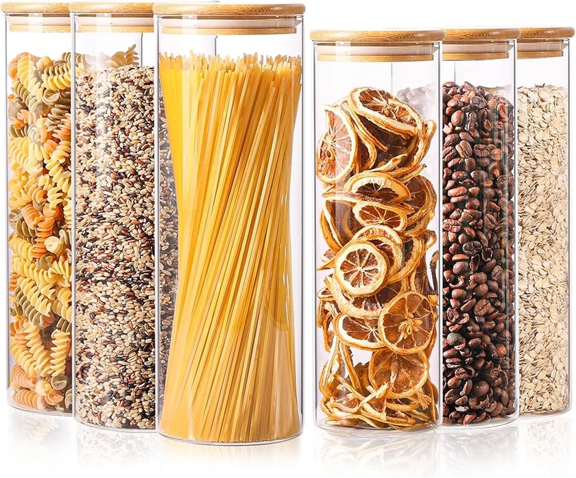ComSaf Glass Food Storage Jars Set of 6, Tall Glass Storage Containers with Bamboo Lids, Canisters Sets for the kitchen, Spaghetti, Pasta, Flour, Nuts, Coffee and Sugar Container, Pantry Organization