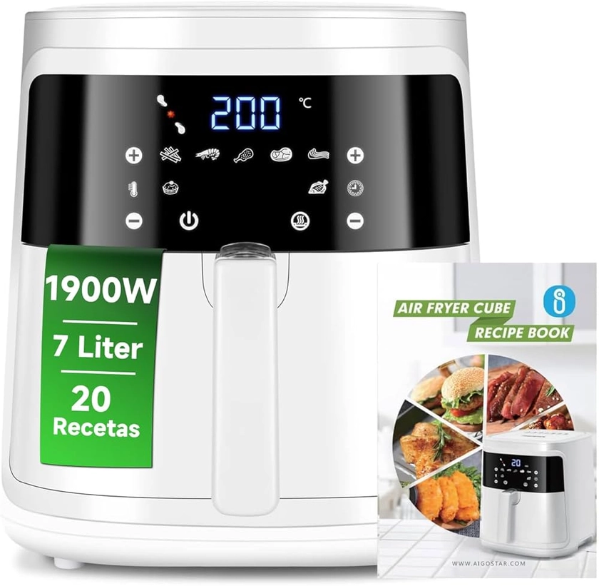 Aigostar White Cube - Friteuse sans huile XXL, 1900W, 7L air fryer, Jusqu’à 9 personnes, 7 programmes, Livre de recettes inclus. Mode manuel et fonction maintien au chaud. Ecran digital, sans BPA