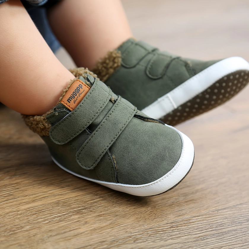 * Casual Comfortable Boots With Hook And Loop Fastener For Baby Boys, Soft And Warm Plus Fleece Boots For Indoor Outdoor, Winter