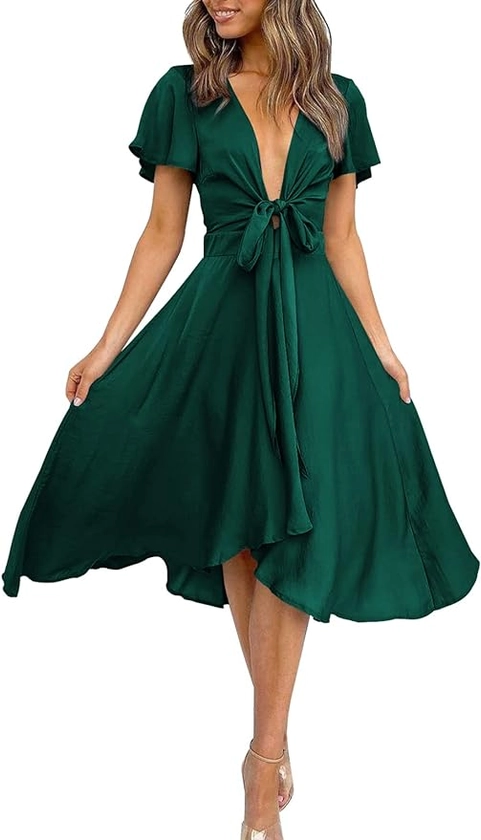 Amazon.com: miduo Womens Satin V Neck Ruffle Short Sleeve Tie Front High Waist Midi A-Line Maxi Dresses : Clothing, Shoes & Jewelry