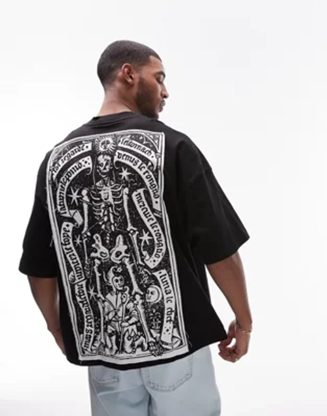 Topman - T-shirt ultra oversize avec écusson squelette zodiaque devant et au dos - Noir