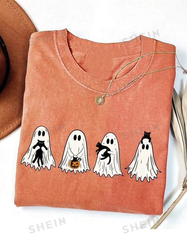 SHEIN EZwear Cute Ghost Black Cat Halloween Shirt, Ghost Cat Halloween Shirt, Halloween Season, Cat Lover Gift, Halloween Cat Owner Gift