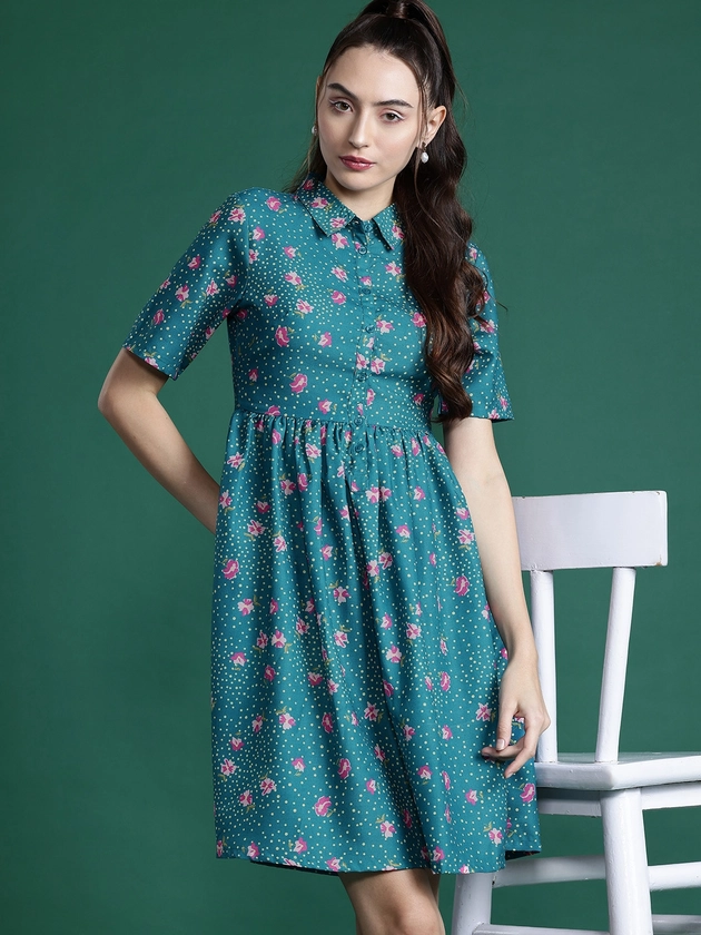 DressBerry Floral Printed Gathered Shirt Dress