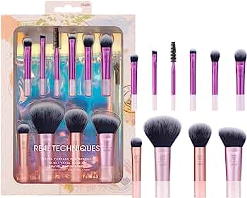 Real Techniques Travel Fanstasy Brush Kit, Makeup Brushes, Mini Sized, Perfect For Travel or On The Go, 10 Piece Set, Purple