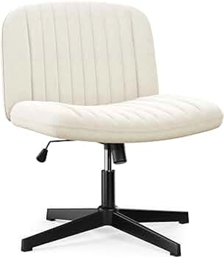 naspaluro Armless Office Chair No Wheels Velvet Fabric Cross-legged Desk Chair Height Adjustable Swivel Computer Chair with Wide Seat and Mid Back for Bedroom and Home Office - Beige