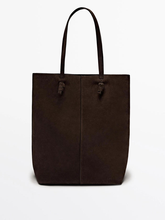 Sac seau avec nœud en cuir et croûte de cuir · Marron · Accessoires | Massimo Dutti