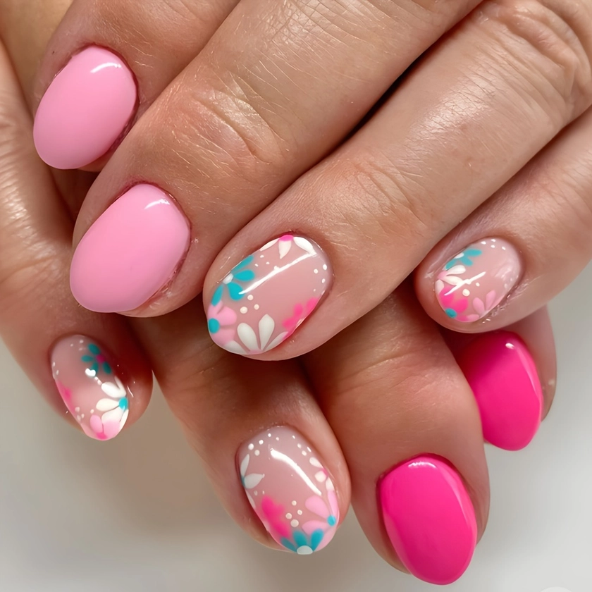 24 Pcs Oval Pink Press-On Nails with Flower Accents, Medium Length, Glossy Finish Artificial * Nails Set - Feminine Floral Design Manicure Tips