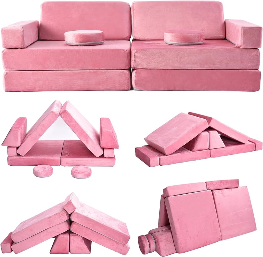 Kids Sofa Bed,10 Pcs Toddler Couch Sofa, Foam Modularized Kids Play Couch Baby Children's Sofas,Fold Out Kids Couch Sofa Bed for Playroom Bedroom (Pink)