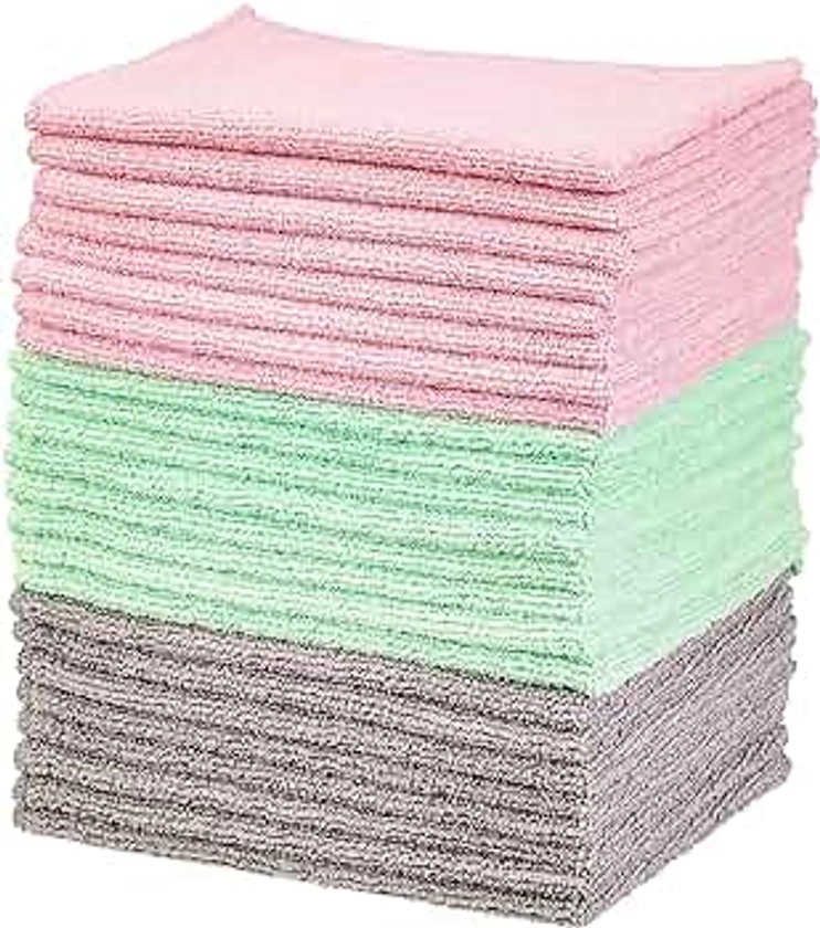 Amazon Basics Microfibre Cleaning Cloth, Pack of 24, Green/Gray/Pink, 40.64 cm x 30.48 cm