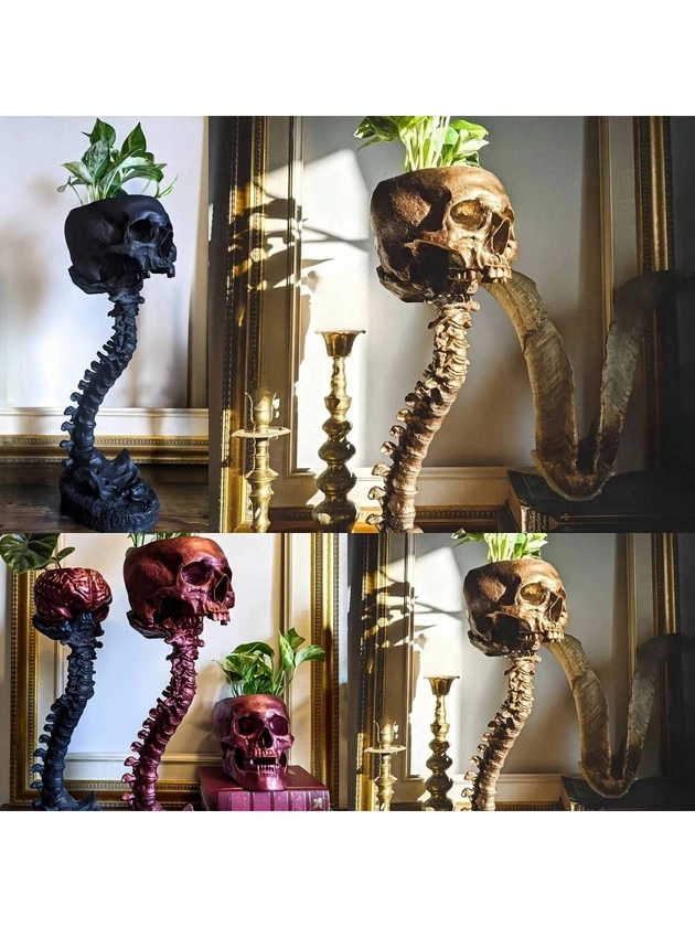 Gothic Skeleton Flower Planter - Unique Resin Planter With Spine Stand, Indoor/Outdoor Halloween Decor Garden Accessory, Great For Bonsai And Gifts