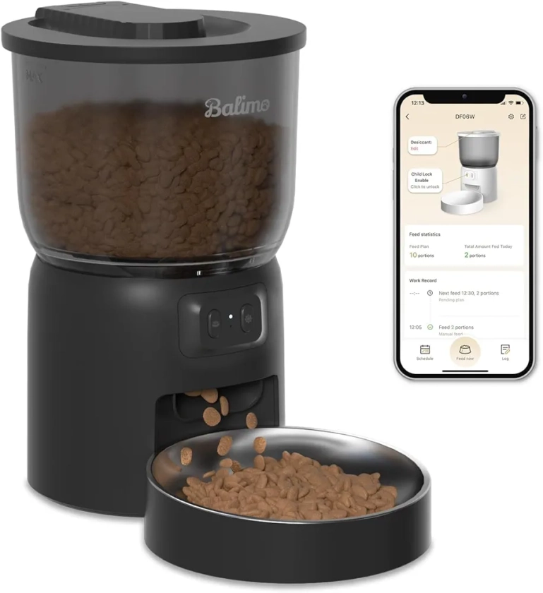 Balimo Distributeur Croquettes Chat Automatique, 3L Distributeur Croquettes Chat, 2.4G WiFi Distributeur De Croquettes pour Chat, 1-10 Repas par, Convient Aux Chiens et Chats, Noir