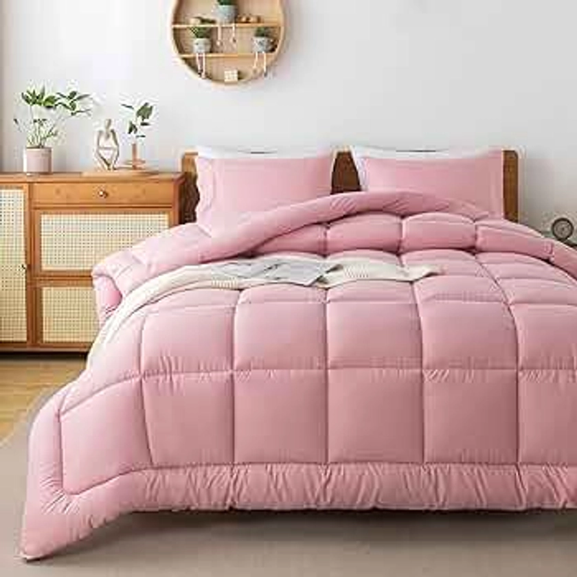 WhatsBedding Pink Comforter Set, Twin Lightweight Comforter Duvet Set for Summer,3 Pieces