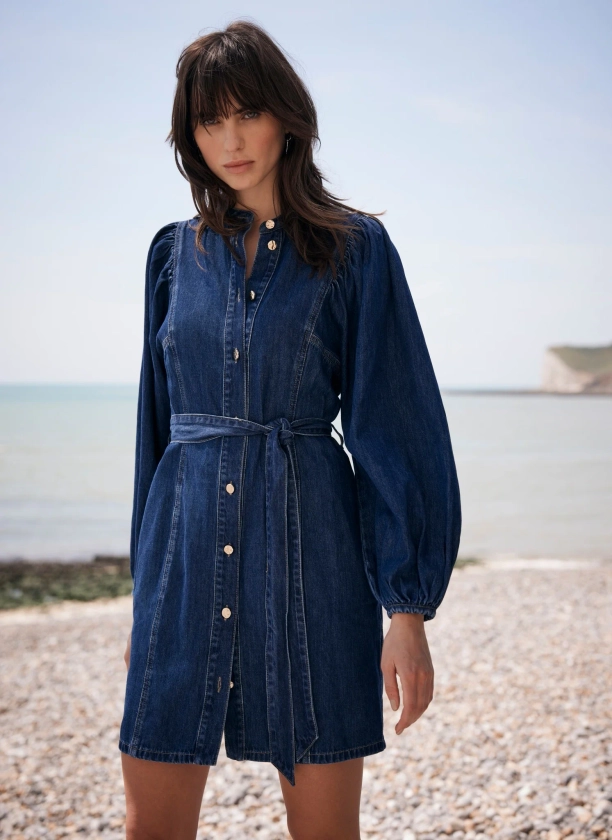 Indigo Volume Sleeve Denim Mini Dress