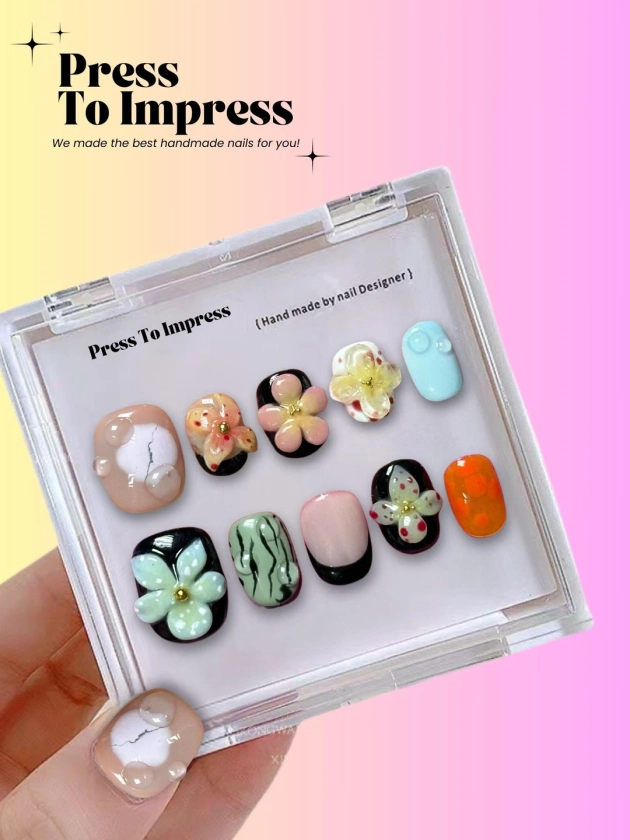 Orchid Floral Press On Nails, Black Fake Nails, Hot Trend Summer Nail Set, 3D Flowers Nails Art, Square Nails, Fairycore Nails, Short Nails