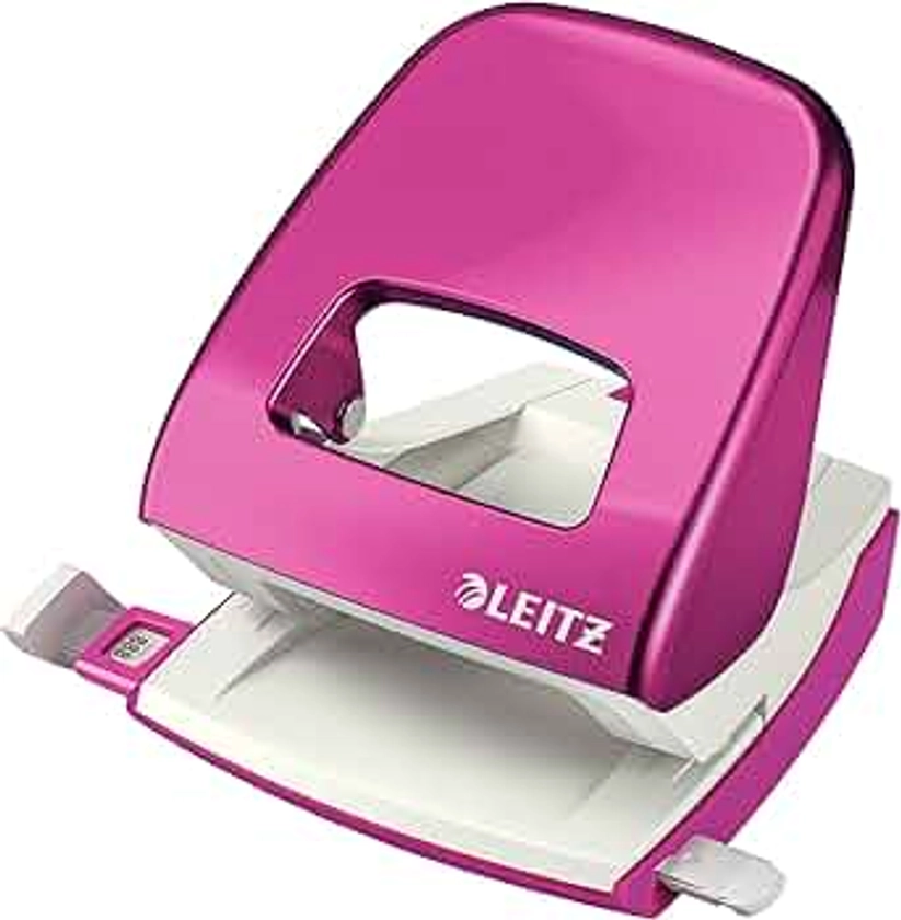 Leitz Hole Punch, 30 Sheets, Guide Bar with Format Markings, Metal, WOW Range, 50081023 - Metallic Pink