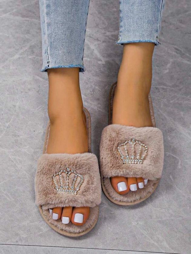 Women Rhinestone Decor Fuzzy Home Slippers, Fashion Brown Bedroom Slippers