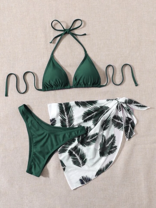 SHEIN Swim Summer Beach Leaf Print Bikini Set Halter Triangle Bra & High Cut Bottom & Cover Up Skirt 3 Piece Bathing