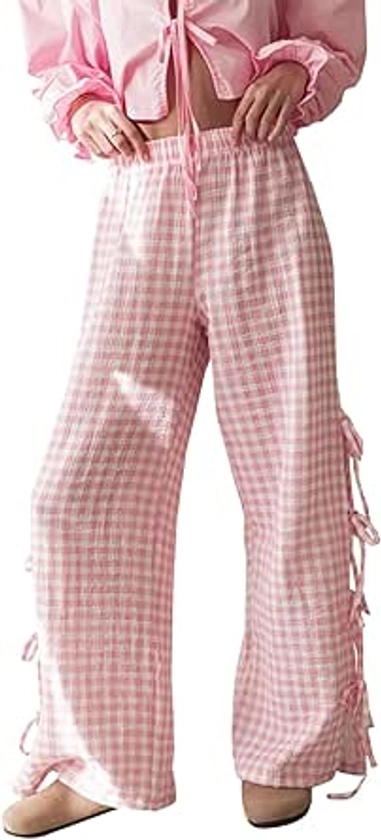 DSORVICD Women Y2k Tie Up Lounge Pants Stripe Plaid Elastic Waist Gingham Pants Casual Straight Wide Leg Relax Fit Trousers at Amazon Women’s Clothing store