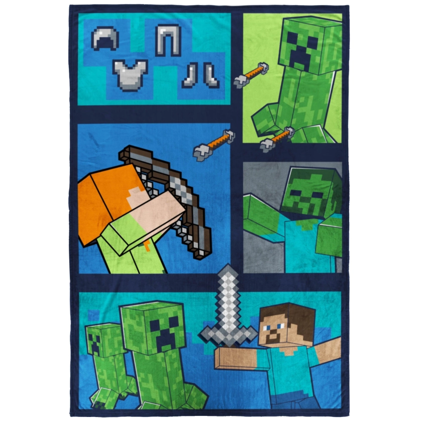 Minecraft Kids Twin Blanket, 62 x 90, Microfiber, Green and Blue, Mojang