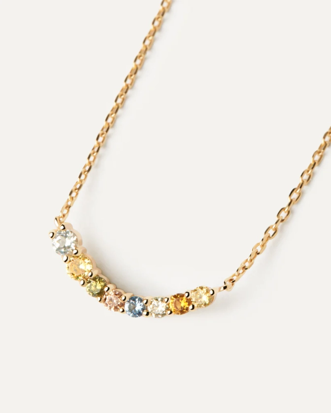 Gold-plated dainty necklace with a wavy set of multicolor cubic zir... | Rainbow necklace | PDPAOLA