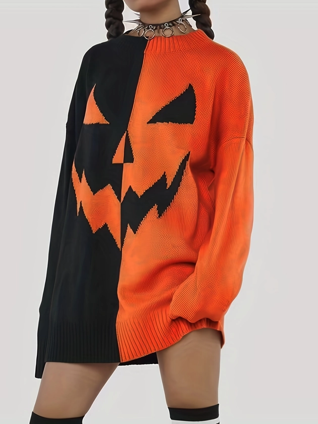 Halloween Pumpkin Face Pattern Knitted Dress, Casual Colorblock Long Sleeve Dress For Winter & Fall, Women's Clothing