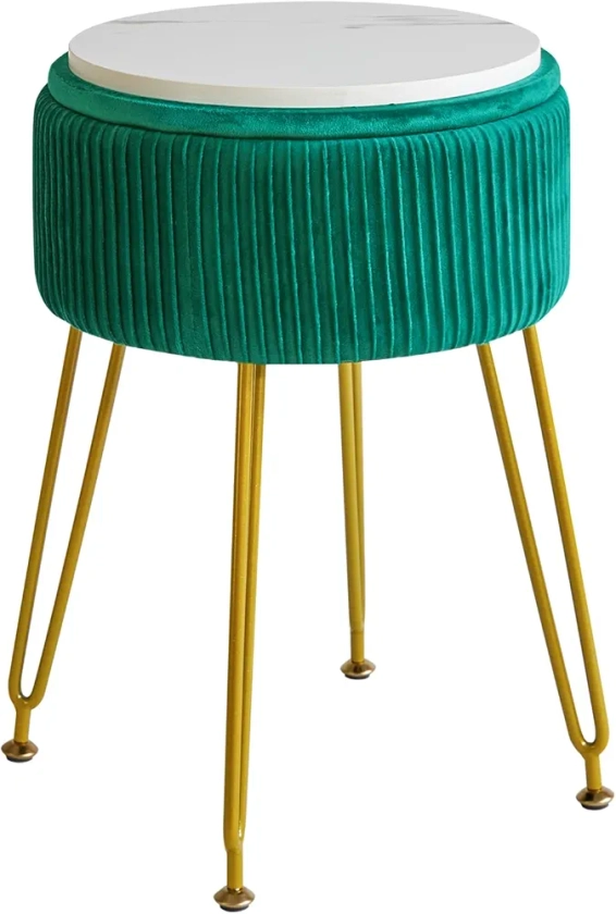 IBUYKE Velvet Storage Footrest Stool Ottoman, Makeup Vanity Stool Side Table with Golden Steel Legs Removable Cover, Coffee Table Top Cover, Green LG-20L