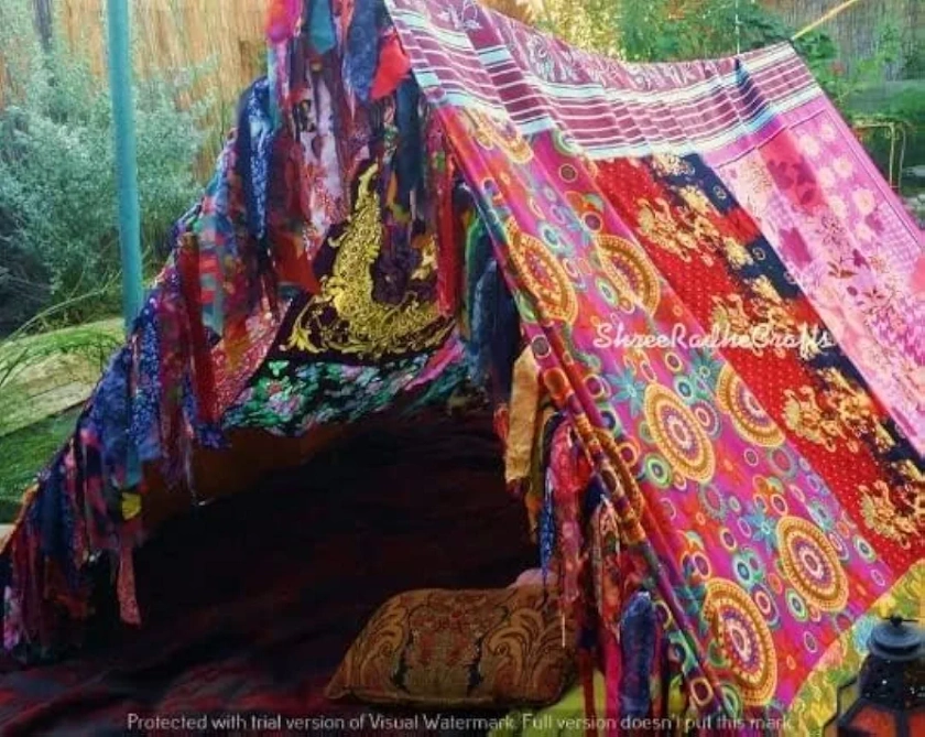 Boho Tent - Saree Tent - Bed Canopy | Bohemian Wedding Backdrop | Gypsy Hippie Decor - Floor Seating Area | Meditation Room - Glamping, X-Large