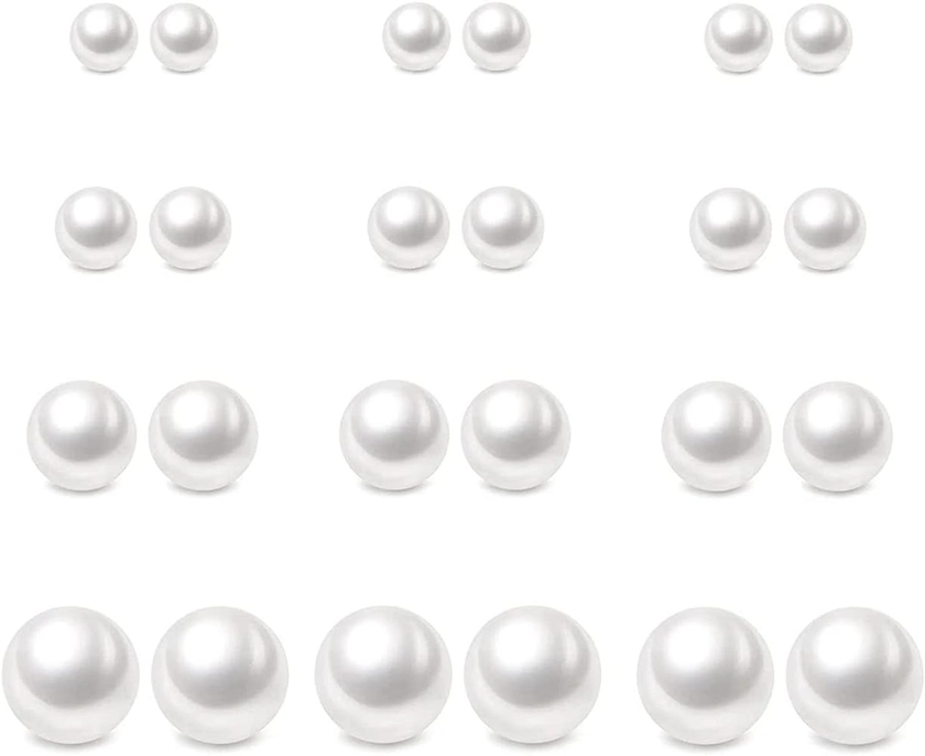 12 Pairs Pearl Stud Earrings, Hypoallergenic Surgical Steel Round Ball Beads Stud Earrings Set for Women（6mm 8mm 10mm 12mm）