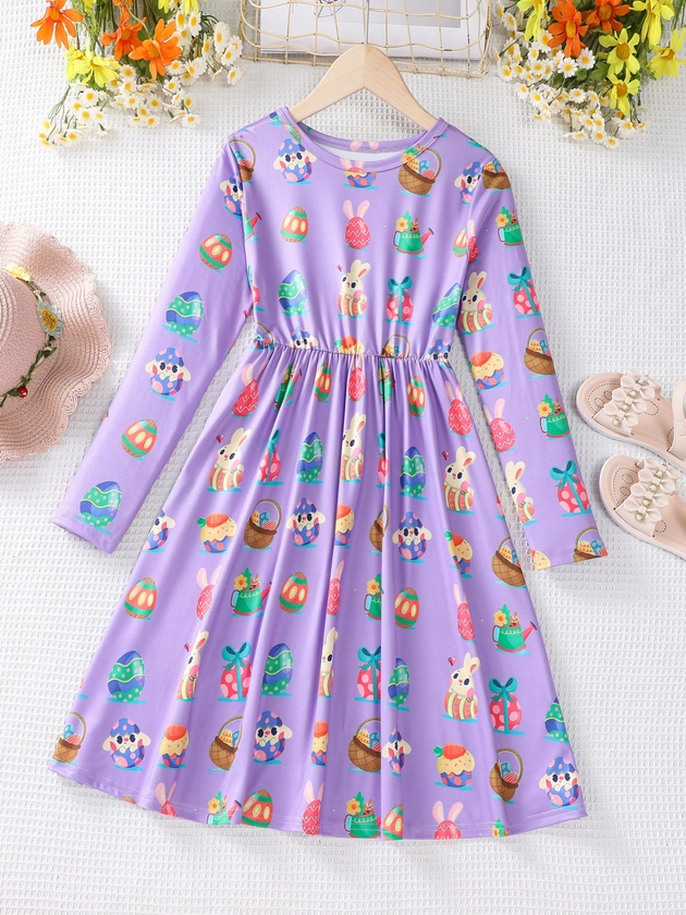 Tween Girls Easter Holiday Rabbit & Floral Print Casual Long Sleeve Dress