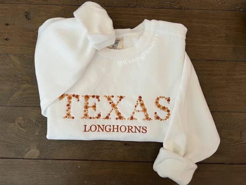 Texas Embroidered Crewneck Sweatshirt, Texas Floral Sweatshirt, Custom College/School at Texas Sweatshirt, Comfort Colors 1566