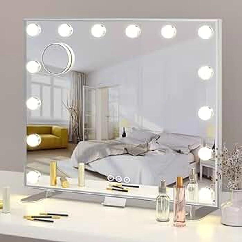 ADDCOLOR Hollywood Vanity Mirror with Lights, Makeup Mirror with USB Charging Port and Phone Holder, 14 LED Bulbs and 3 Adjustable Lighting Modes Table Mirror (60x18x52.3 cm)