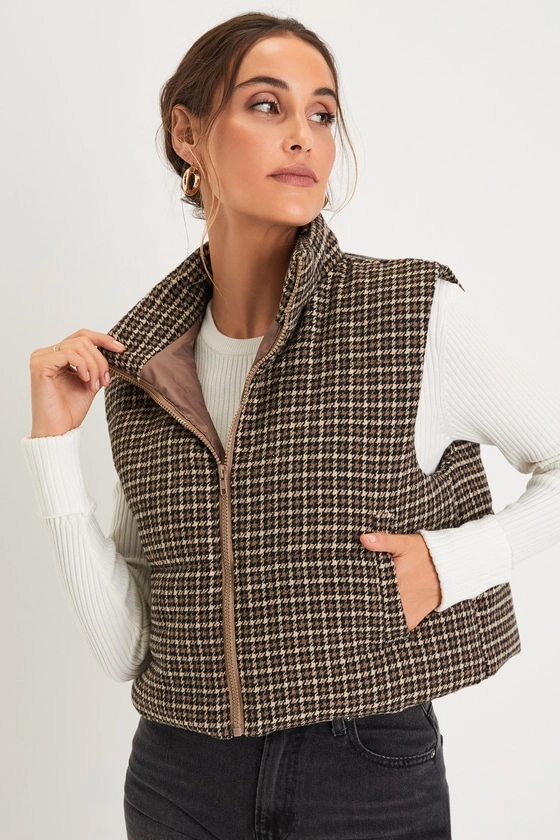 Cloud Nine Cutie Brown Houndstooth Cropped Puffer Vest