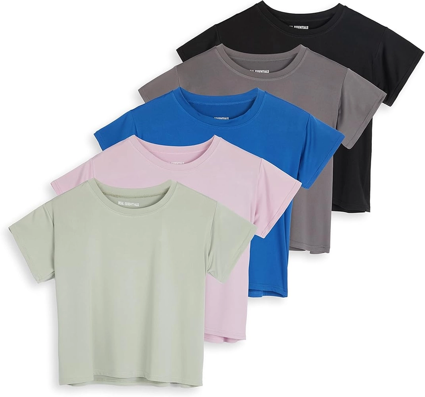 Real Essentials 5 Pack: Women's Dry Fit Crop Top - Short Sleeve Crew Neck Stretch Athletic Tee (Available in Plus Size)