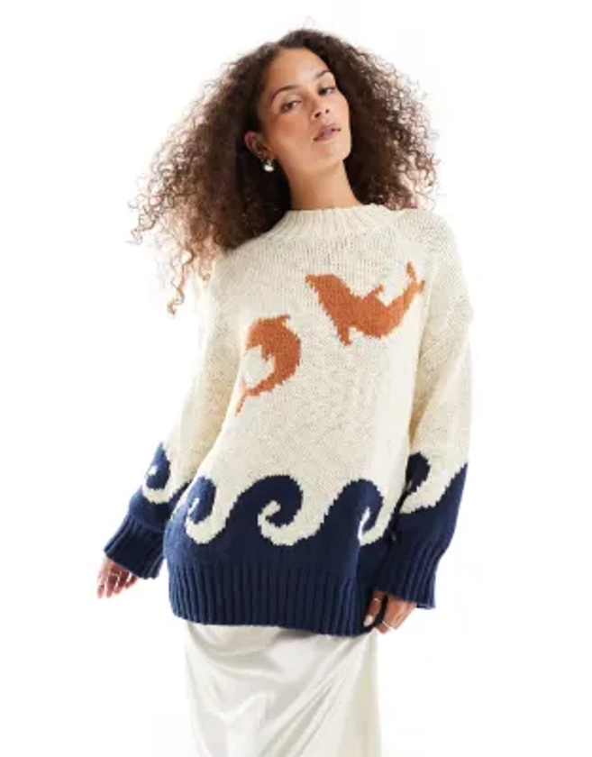 VRG GRL ace of something dolphin intarsia oversized jumper in multi | ASOS