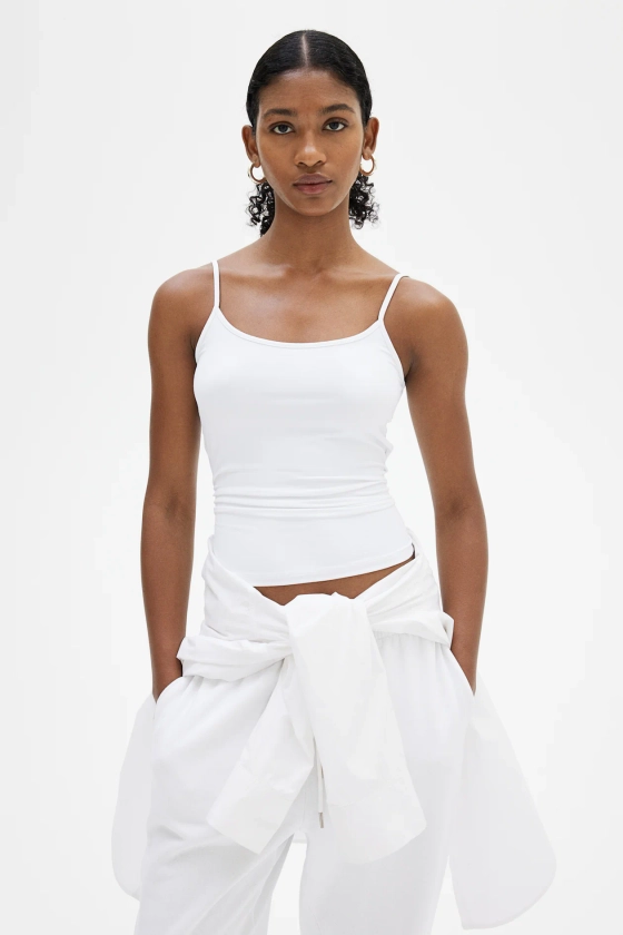 Microfibre strappy top - Deep neckline - Sleeveless - White - Ladies | H&M GB