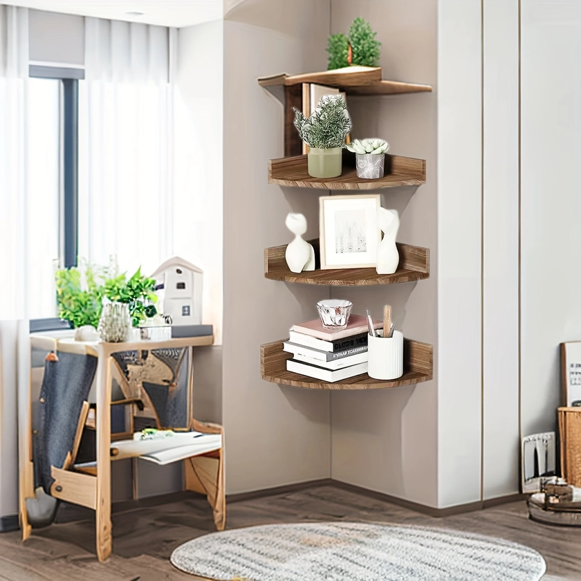 3pcs/set Rustic Wooden Corner Shelf, Modern Minimalist Multi-Tier Wall-Mounted, Storage Rack For Living Room, Space-Saving Corner Bracket Organizer