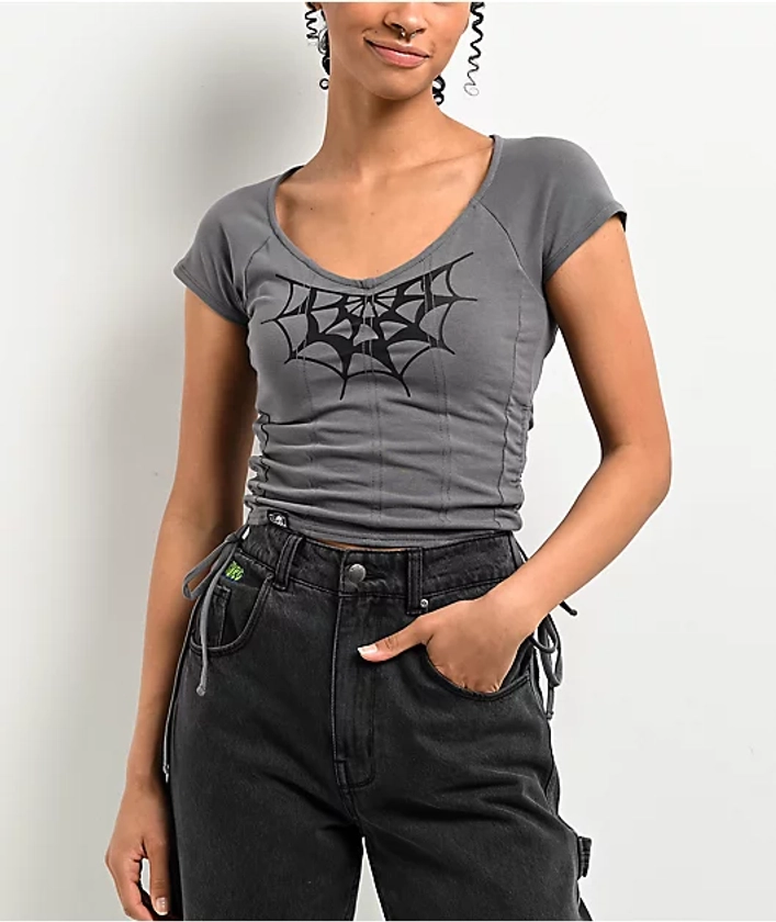 Lurking Class By Sketchy Tank Spider Webs Grey Cinch Crop T-Shirt