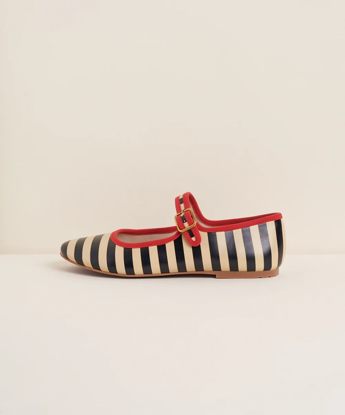 Raleigh Ballet Flats with adjustable strap, Black Stripe Leather