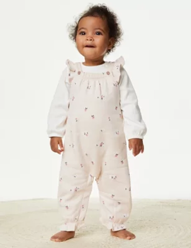 2pc Cotton Rich Floral Dungarees Outfit (0-3 Yrs) | M&S Collection | M&S
