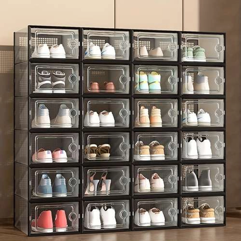 6/12pcs Thickened Transparent Shoe Boxes With Lid, Foldable Stackable Shoe Rack, Free Combination, Plastic Sneaker Container, Space Saving Storage Org