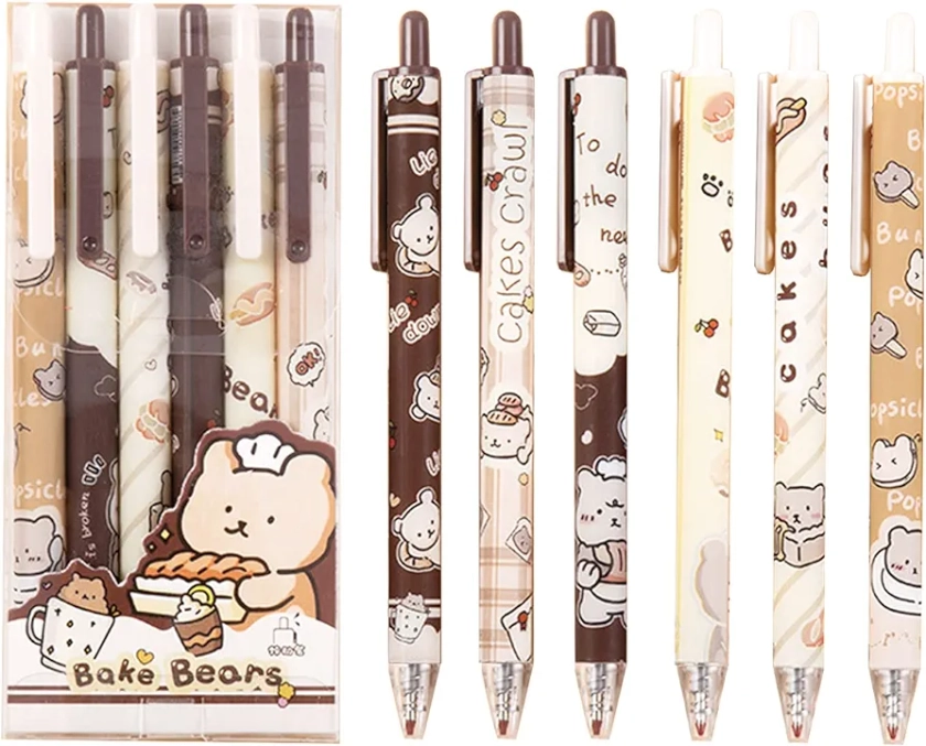MOZXIRZ 6 Pcs Gel Ink Pens Cartoon Retractable Pens Cute Animal Pen 0.5mm Ballpoint Pen Office School Supplies for Girls (Bear-Bake)